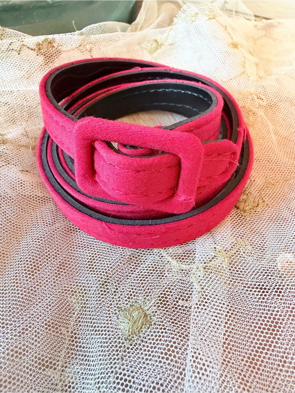 Bright red Suede Belt with Covered Buckle